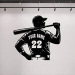 Baseball player home decor laser cut wall art with custom name available in MDF wood or shiny black acrylic
