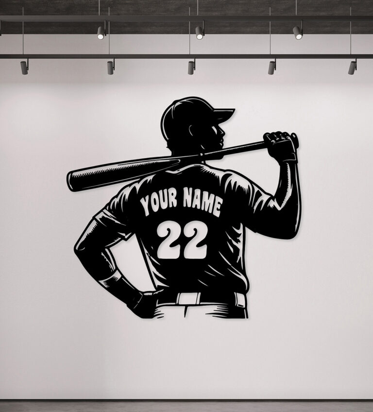 Baseball player home decor laser cut wall art with custom name available in MDF wood or shiny black acrylic