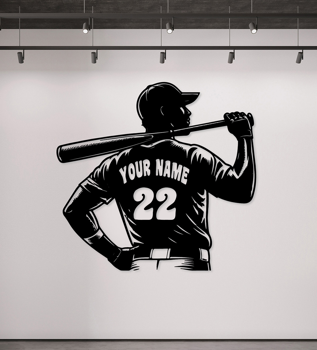 Baseball player home decor laser cut wall art with custom name available in MDF wood or shiny black acrylic