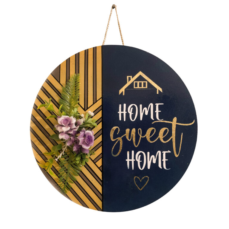 Home Sweet Home door sign 12x12 inch MDF wood with acrylic paint vinyl lettering and artificial flowers