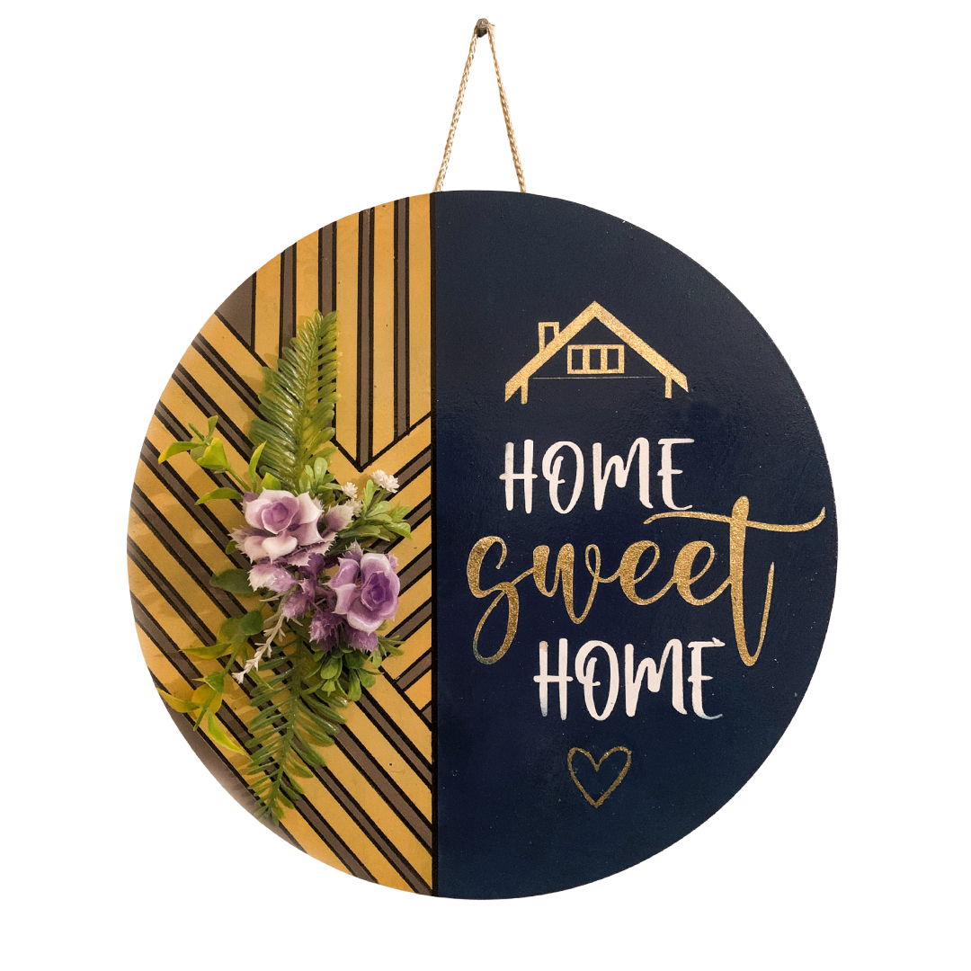 Home Sweet Home door sign 12x12 inch MDF wood with acrylic paint vinyl lettering and artificial flowers