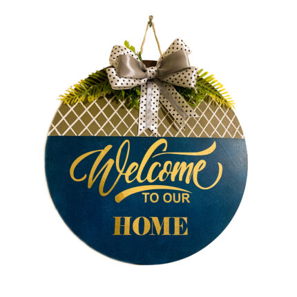 Welcome sign for front door porch made of MDF wood with acrylic paint vinyl lettering and artificial flowers