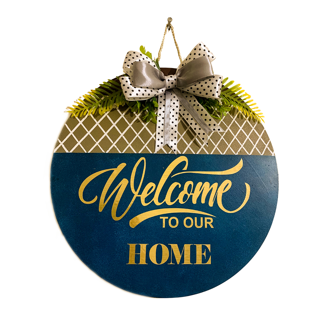 Welcome sign for front door porch made of MDF wood with acrylic paint vinyl lettering and artificial flowers