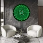 Closeup of laser engraved 99 Names of Allah on LED mirror