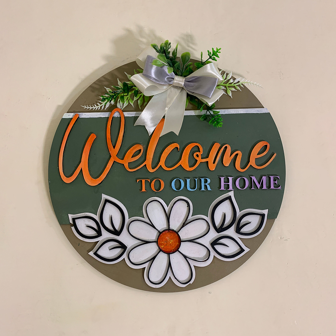 Floral Welcome to Our Home 3D Wooden Sign Board with flowers and ribbons