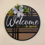 Close-up of MDF wooden welcome sign board texture