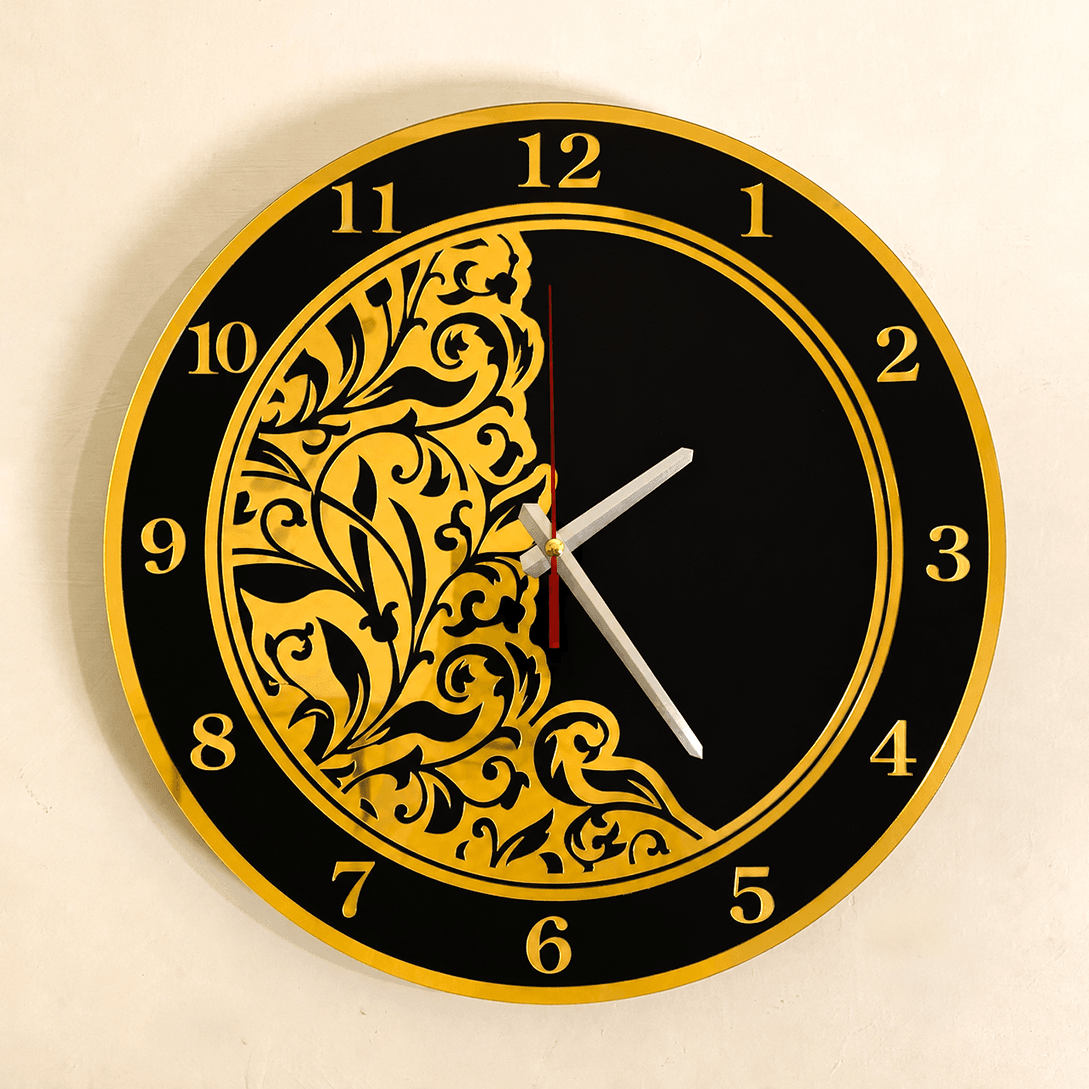 Luxury golden and black acrylic mirror wall clock with laser engraving