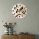 Modern acrylic birds wall clock in living room interior