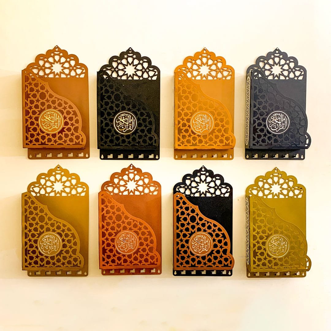 Wall-mounted metal Quran shelf with 5 tasbeeh hanging hooks