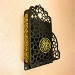 Side view of heavy duty metal Quran shelf showing 5 hooks
