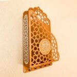 Gold finished metal Quran stand with silver acrylic medallion